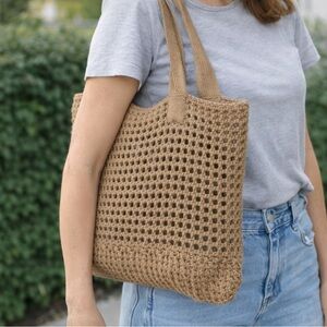 Crochet Knit Boho Tote Bag Camel Beige + Organizer Insert Summer Beach Bag